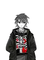 a black and white drawing of a man wearing a skeleton shirt