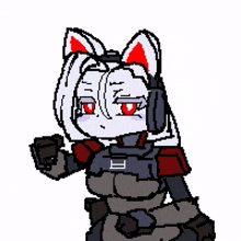 a pixel art drawing of a cat with red eyes holding a gun