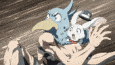 a cartoon drawing of a bird holding a rabbit in its arms
