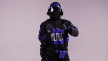 a person wearing a blue and black ultra hoodie