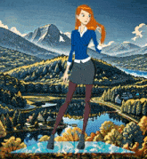 a cartoon drawing of a woman standing in front of a lake