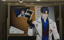 a man in a white coat is standing in front of a bulletin board with chinese writing on it