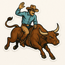 a man in a cowboy hat is riding a brown bull