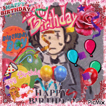 a picture of a man with balloons and the words happy birthday on it