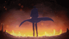 a silhouette of a man standing in a fire