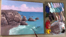 a painting of a beach with a palette of paint next to it that says made in animotica