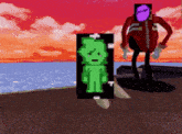 a video game character is standing next to a pixelated green character