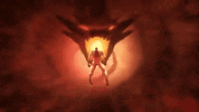 a man with wings is flying through a tunnel of fire
