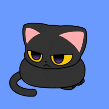 a black cat with yellow eyes and pink ears