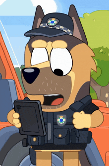 a cartoon dog is wearing a police uniform and looking at a cell phone