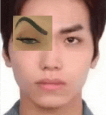 a close up of a man 's face with a drawing of a woman 's eyebrow .