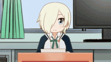 a cartoon girl with blonde hair is sitting at a desk in front of a computer
