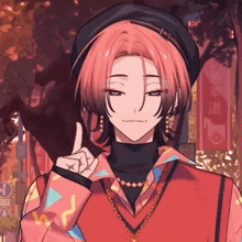 a young man with red hair is wearing a beret and giving a thumbs up .