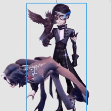 a drawing of a man with an owl on his shoulder standing next to a monster