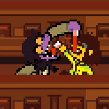 a pixel art drawing of a man holding a sword and a woman holding a sword