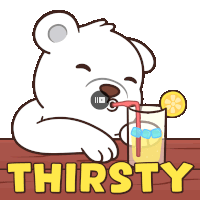 a cartoon of a polar bear drinking a glass of lemonade with the word thirsty in yellow letters