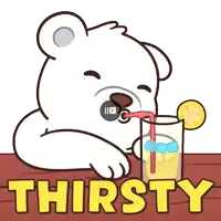 a cartoon of a polar bear drinking a glass of lemonade with the word thirsty in yellow letters