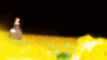 a bottle is sitting in the middle of a field of yellow flowers