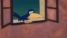 a cartoon bird with a large beak is looking out of an open window .