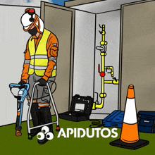a cartoon of a construction worker with the word apidutos on the bottom right