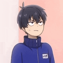 a cartoon boy is wearing a blue jacket with a name tag on it .