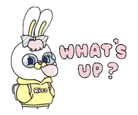 a cartoon rabbit with glasses and a yellow hoodie says what 's up ?