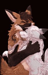 a drawing of two foxes hugging each other with one having a tattoo of a bird on his chest