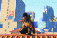 a man kneeling on a roof in front of a sign that says ' korean ' on it