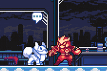 a pixel art of a red and white monster with a speech bubble above them