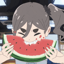 a cartoon girl is eating a slice of watermelon with chinese writing on the bottom left