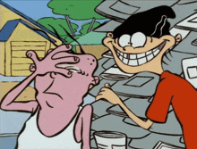 two cartoon characters are standing next to each other with one covering his eyes