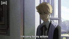 a man in a purple jacket says i 'm sorry for my actions