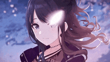 a close up of a girl with long hair and a light coming out of her head .