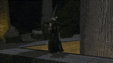 a cartoon character in a black dress and hat is standing on a sidewalk