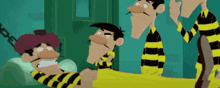 a group of cartoon characters are standing around a prisoner