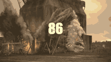 an explosion with the number 86 on the bottom right