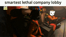 a cartoon of two people in a car with the words smartest lethal company lobby