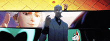 a man in a suit is standing in front of a screen with a woman behind him .