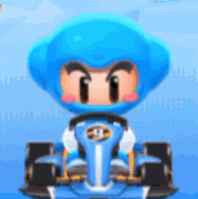 a cartoon character wearing a blue helmet is driving a blue go kart .