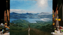 a painting of a lake and mountains is being made in animatica