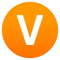 an orange circle with a white letter v on it