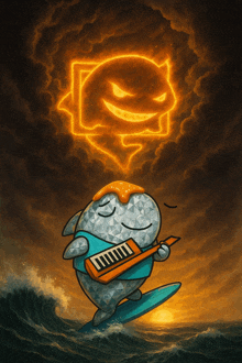 a cartoon of a shark playing a keyboard on a surfboard in the ocean