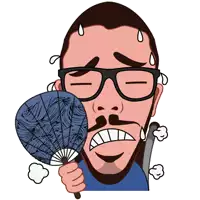 a man with glasses and a mustache is holding a fan