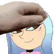 a cartoon girl with blue hair and a pink bow is being pummeled by a hand .