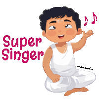 a cartoon drawing of a boy with the words super singer behind him
