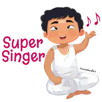 a cartoon drawing of a boy with the words super singer behind him