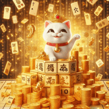 a cat is sitting on a pile of gold coins