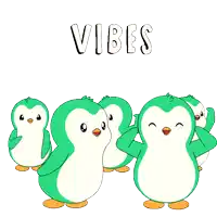 a group of green and white penguins are standing next to each other and the word vibes is above them