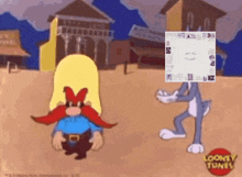 a cartoon of a man with a beard standing next to a rabbit with a looney tunes logo in the corner