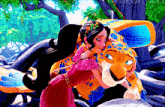 a girl in a pink dress hugging a cartoon leopard